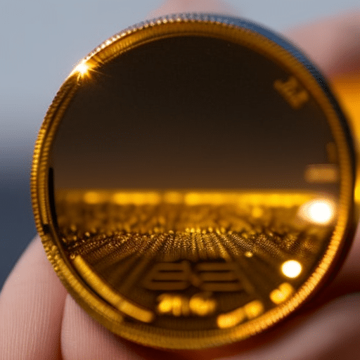 -up of a person's hand holding a golden Pi Token, with a bright light shining from behind it