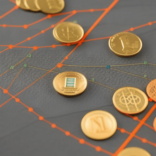of historical data points, with a line tracing a curve marked with AI-driven predictions, surrounded by coins and a pi symbol