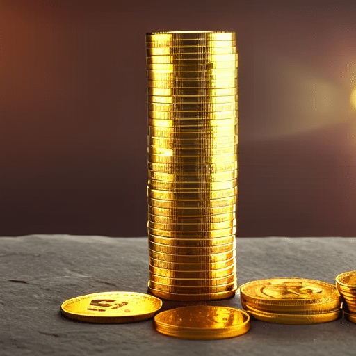 of golden coins with one Pi Coin at the top illuminated by a beam of light