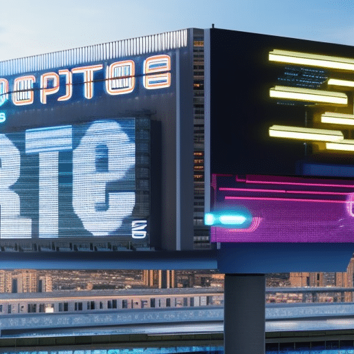 E of a futuristic cityscape with a large digital billboard featuring the word "Crypto"in bold neon lettering, and several intricate 3D-projected diagrams of crypto trading patterns in the sky