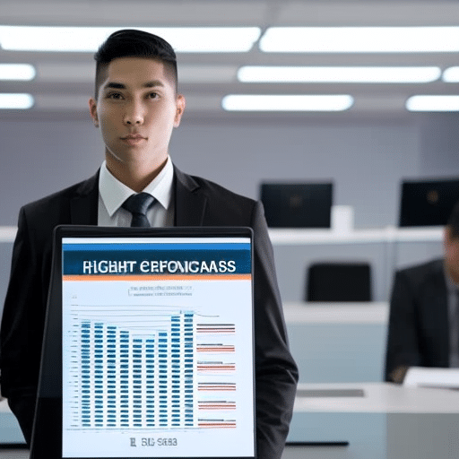 N in a suit standing in front of a computer with a graph of a cryptocurrency chart, a stack of paperwork, and a look of determination