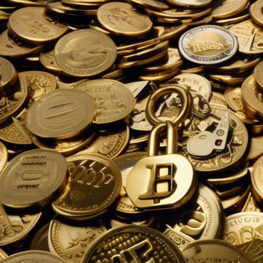 up of a golden padlock with a shiny, intricate keyhole, surrounded by a pile of crypto coins