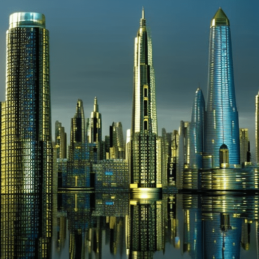 Istic cityscape with banks and buildings made of gold coins, surrounded by a wall of binary code