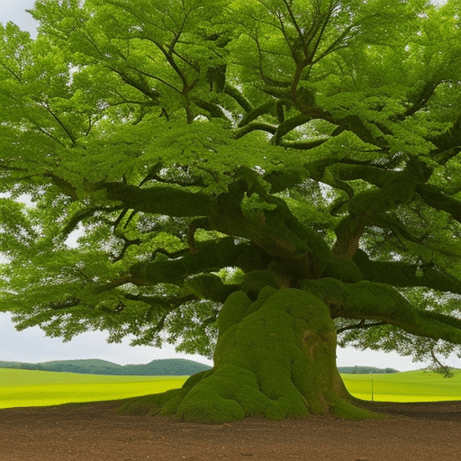 E tree with a large, strong trunk, rooted in the ground and rising up to the sky