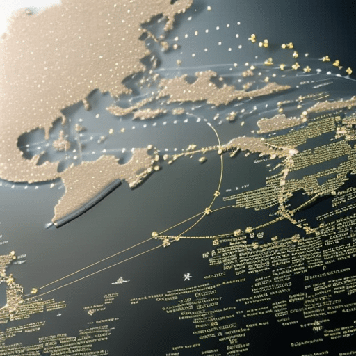 F the world with a trail of glowing Pi Coins to represent the global reach of the currency