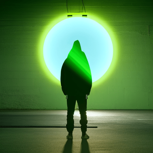 L of a person in a dark hoodie, back lit by a bright green light, with Pi symbol and a lock icon overlaid