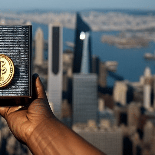 image of a person holding a coin with a pi symbol imprinted on it, standing atop a skyscraper with a cityscape in the background