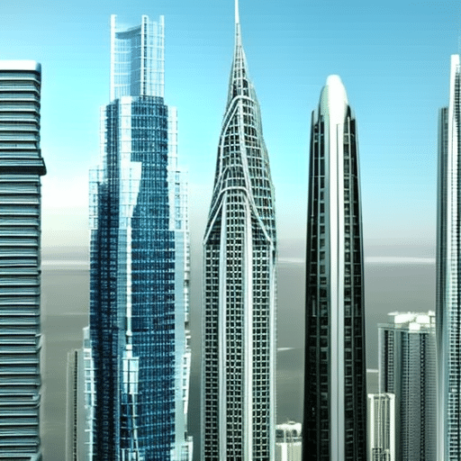 Istic skyline of high-rise buildings with half of them connected by a complex network of wires and circuitry