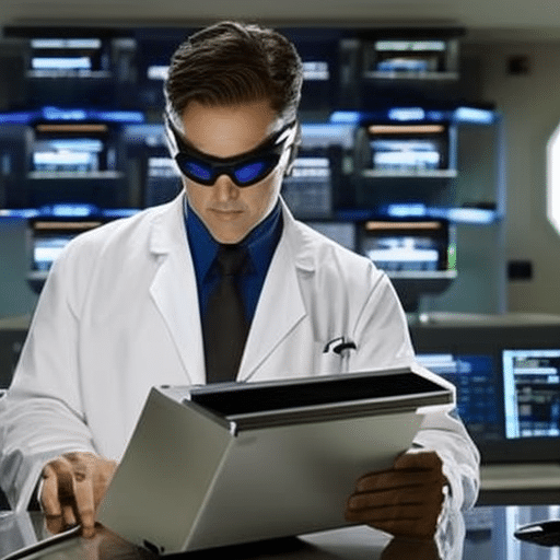 A person in a lab coat and safety goggles, surrounded by computer monitors, typing code intensely with a large vault in the background