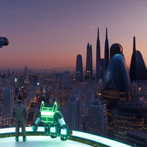 Istic city skyline with a giant robot holding a glowing cryptocurrency symbol in its hand, overlooking the skyline