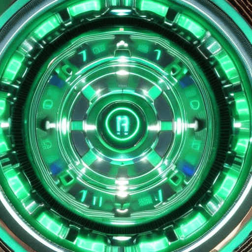 Up image of a shiny, metallic pi symbol with a glowing, blue-green circuit pattern behind it