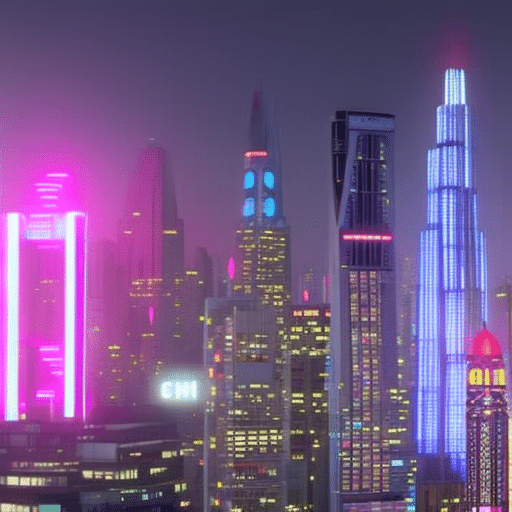 Istic cityscape of tall buildings, with a glowing digital currency symbol overlay and bright neon lights