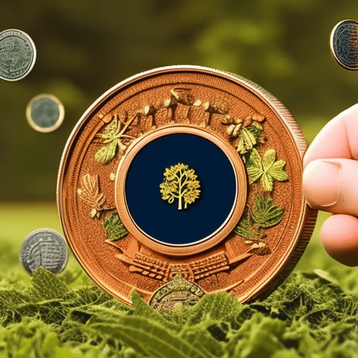 Holding a Pi Coin with a tree of leaves growing from its center, surrounded by a field of Pi Coins and a rising sun in the background