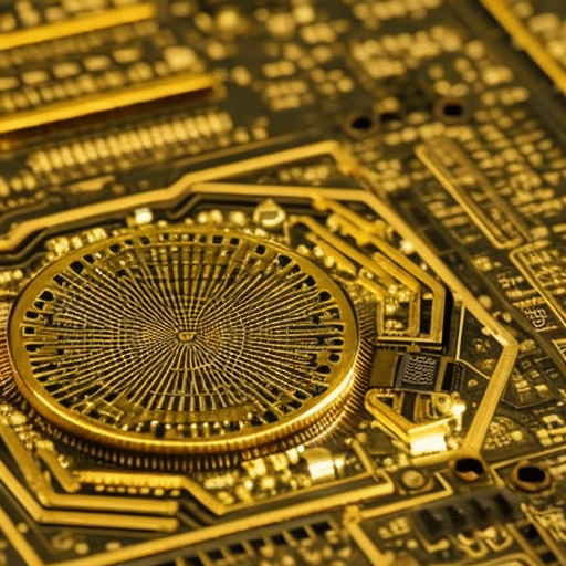 Up of a computer circuit board, with a small, golden-colored Pi coin soldered into the center