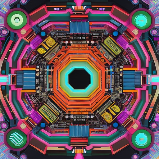 Ful, abstract illustration composed of a series of geometric shapes, joysticks, and binary code, representing the complex technology behind the success of Pi Coin