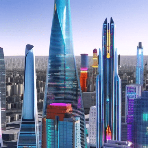 E of a futuristic city skyline with a bright, multi-colored blockchain network emanating from its center