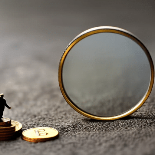 Person, with a magnifying glass, hovering over a coin with a Pi symbol on it