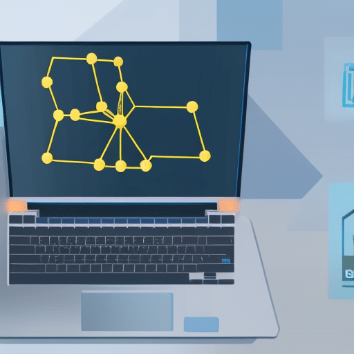 Stration of a person with an open mind, holding a laptop with a diagram of a blockchain network on the screen