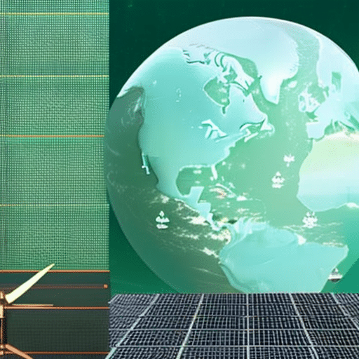 showing the growth of Pi Coin's value over time, beside a globe with a green energy grid and a blue ocean with a wind turbine