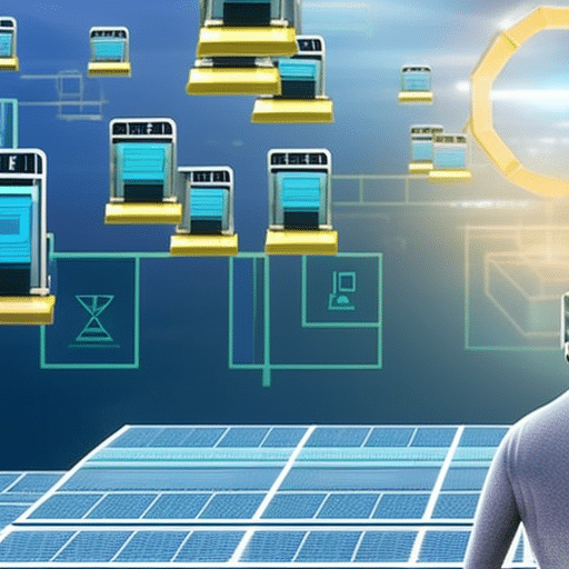 A person with a smartphone in the foreground, surrounded by a futuristic landscape of interconnected blocks, representing the potential of micropayment applications enabled by Pi Coin