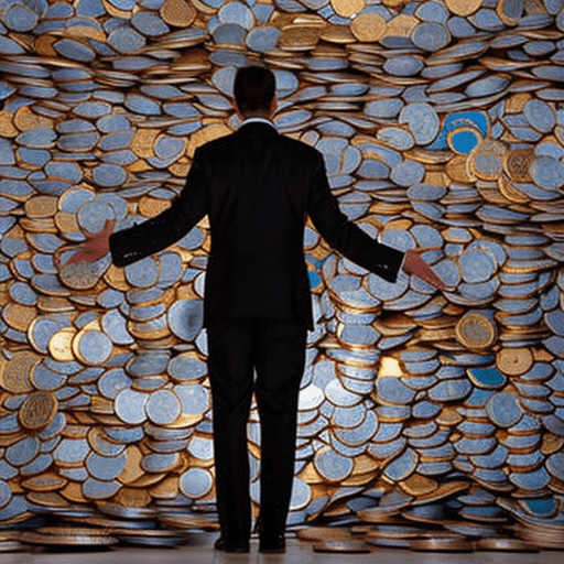 F a person in a business suit and tie standing in front of a wall of colorful pi coins, looking up in awe