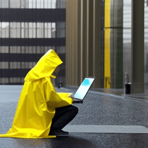 N in a bright yellow raincoat using a laptop to explore a virtual world of cryptocurrency related to gig work