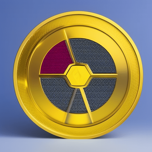 Tric image of a golden coin with a pie chart on it, surrounded by vibrant colors of the blockchain