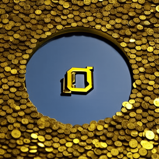 T yellow pi symbol illuminated with a shining golden light, surrounded by a ring of multicolored coins