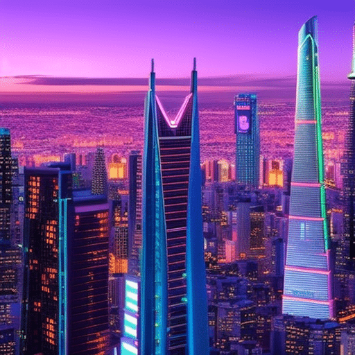 An image showcasing a futuristic cityscape at dusk, where holographic billboards advertise a new cryptocurrency