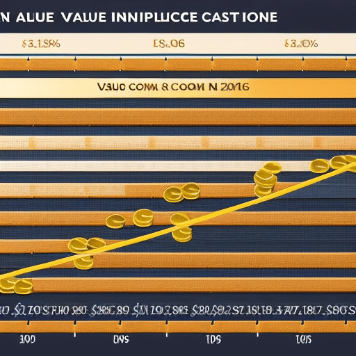 charting the rise in value of a Pi Coin over time, surrounded by small coins and a few larger coins to indicate influence