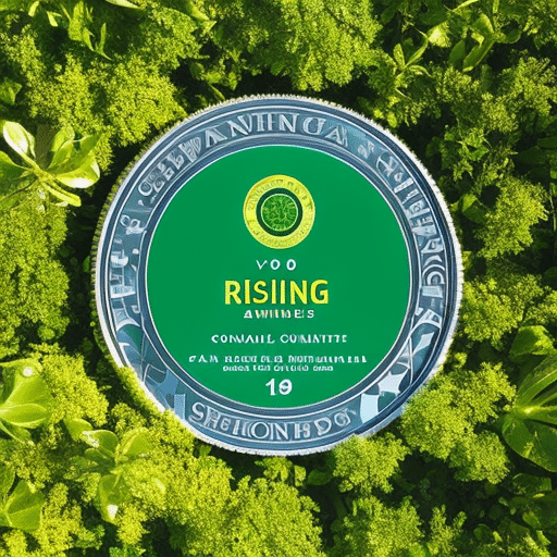 Nt image of a pi coin surrounded by lush green plants, a sunlit sky, and a community of people participating in sustainable practices