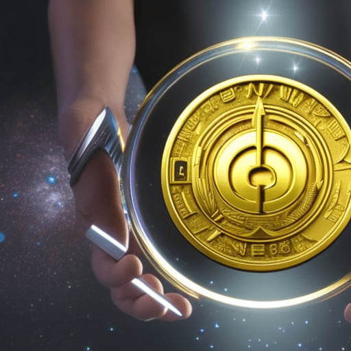 -up of a futuristic hand holding a golden coin with a pi symbol on it, surrounded by a bright halo of energy