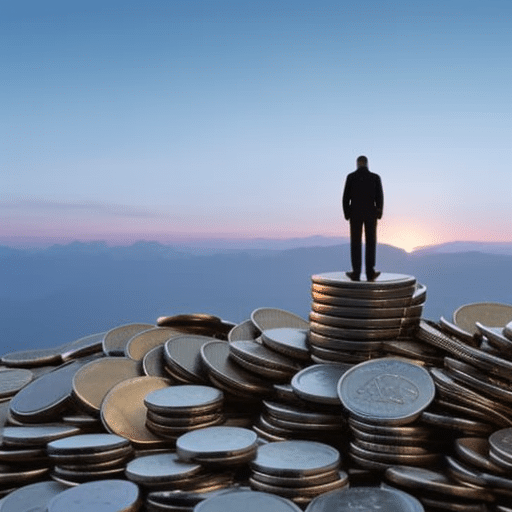 Figure stands tall atop a mountain of Pi Coins, looking out at a sunrise on a horizon of independent workers