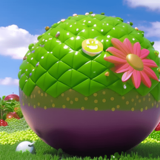 Flowing piggybank within a circular garden of colorful fruits and vegetables, with a smiling sun in the sky