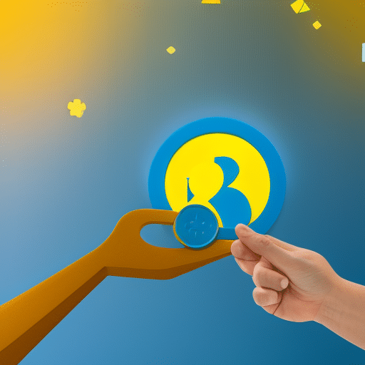 Ful, abstract illustration depicting a person-to-person transaction between two individuals, one holding a bright yellow Pi Coin, the other a blue Gig Marketplace token