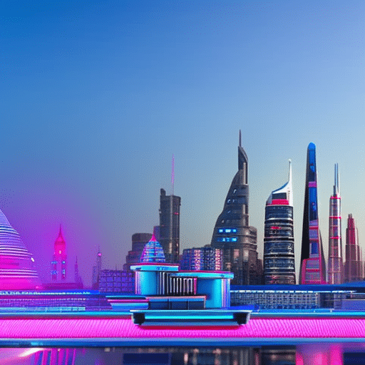 Istic city skyline with a bright blue and pink Pi Coin logo in the foreground, a modern bank in the background, and a path of coins leading up to it