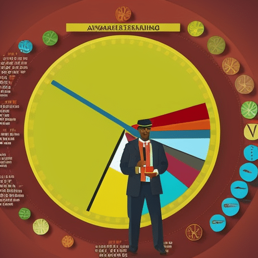 Stration of a person with a smartphone and a bag of coins in front of a large, colorful pie chart