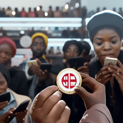 Person's hand holding a coin with a Pi symbol, and in the background a diverse group of people using their phones to make purchases