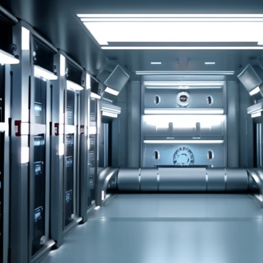 A futuristic, automated bank vault with a large glowing "π"symbol, with robotic arms rapidly counting and sorting silver coins