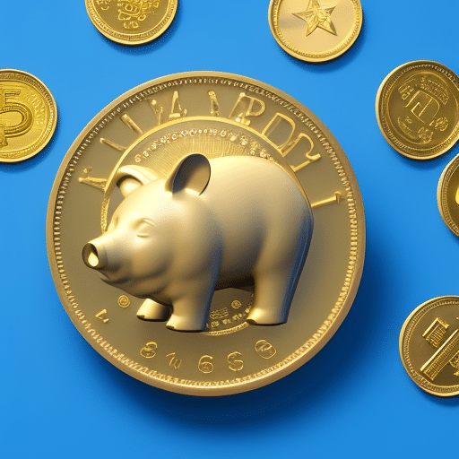 Whimsical image of a 3D-printed piggy bank with a bright blue background and a circle of sparkling golden coins around it, representing the ease and security of Pi Coin micropayments