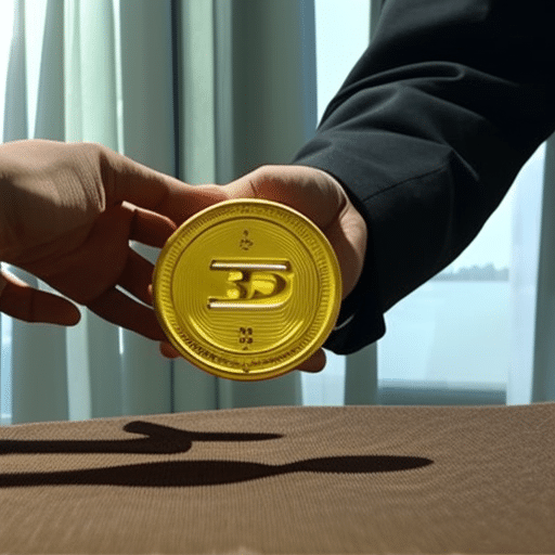 Al landscape of two hands exchanging a 3D-printed golden Pi Coin between them in a sun-filled room