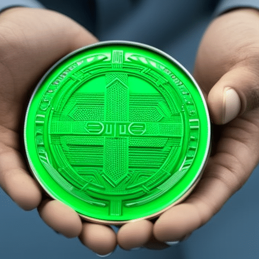 -up of two hands clasped together, each with a 3D-printed version of the Pi Coin on the palm