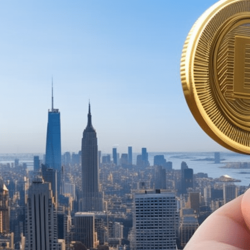 Ic of a hand holding up a 3D-rendered golden coin with a stylized pi symbol at the center, against a backdrop of a city skyline highlighting modern banking architecture