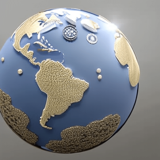 Ze a globe with 3D-printed Pi coins surrounding it, representing the world of direct transactions