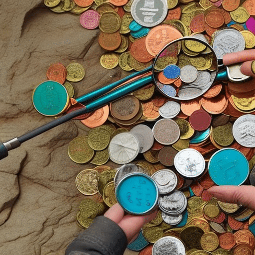 Head view of colorful coins, with a hand holding a magnifying glass, exploring a vibrant p2p ecosystem