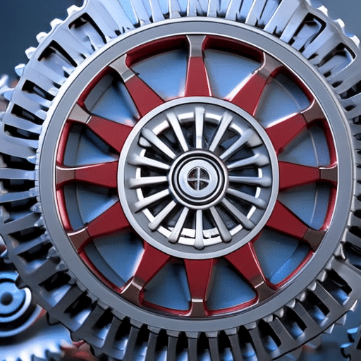 with gears and cogs, connected to a 3-dimensional rendered Pi Coin, spinning on a tech-infused background
