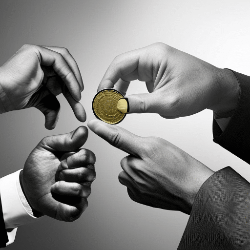Nd white image of a handshake between two businesspeople in suits, each holding a gold-colored coin in their palm