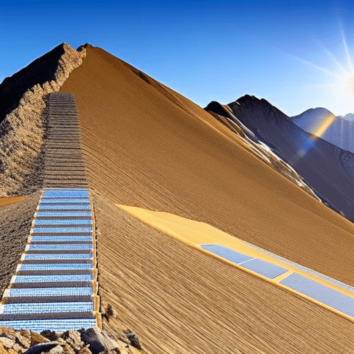 showing a sharp incline of Pi Coin reaching the top of a jagged mountain against a blue sky with a sunburst at the peak