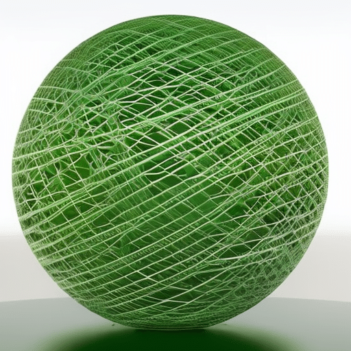 Ensional globe composed of interconnected lines and circles filled with green Pi Coins representing renewable energy collaborations
