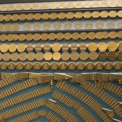 Ontal line graph showing an upward trend of coins increasing steadily over time, surrounded by a ring of coins